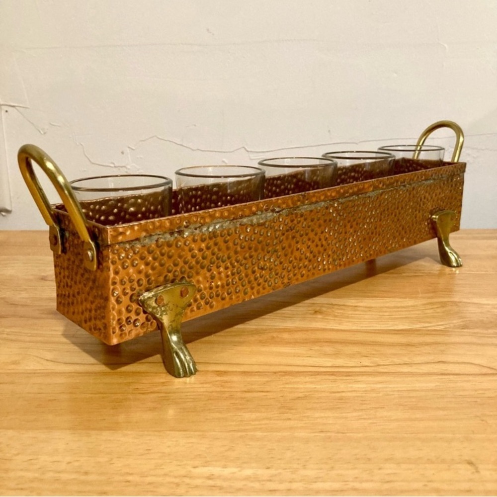 Hammered Metal Footed Container with 5 Glass Votive Holders Used Copper Colored - Picture 13 of 15
